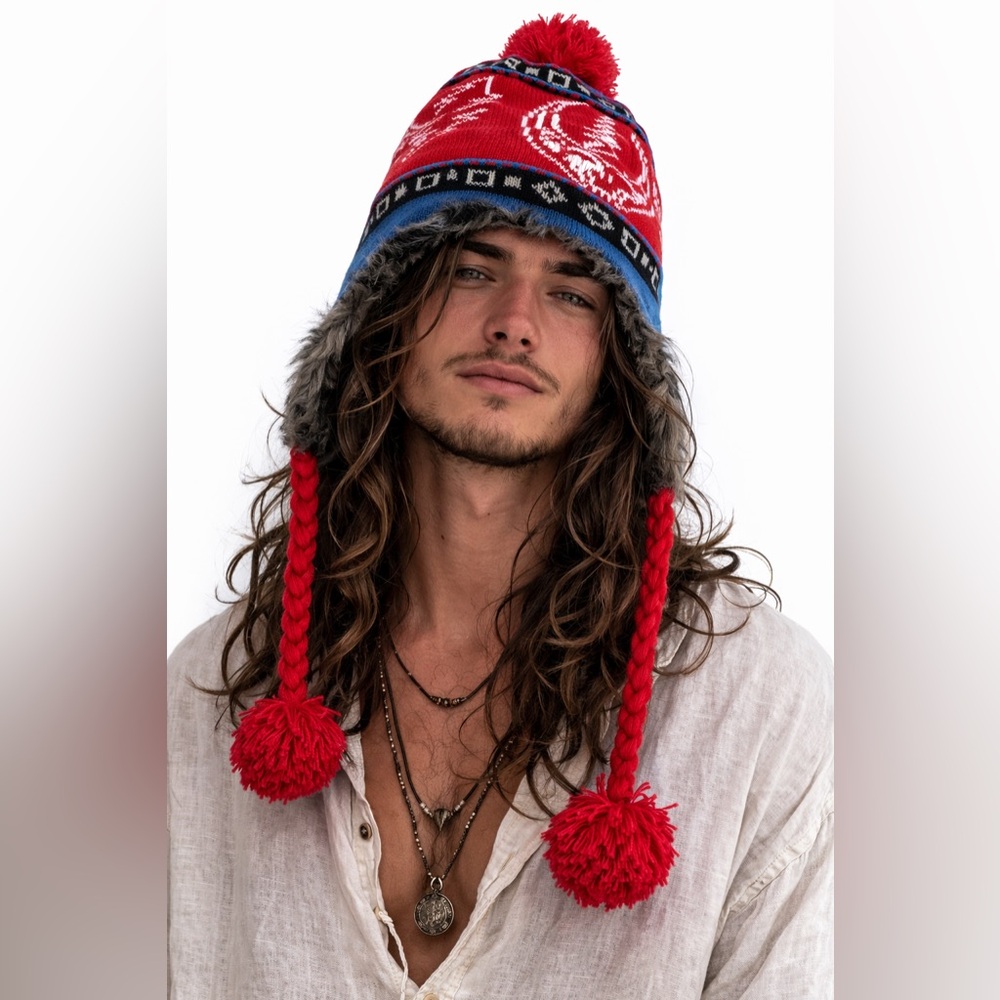 Grateful Dead Stealie Peruvian Trapper Hat Faux Fur Earflap Knit Deadhead